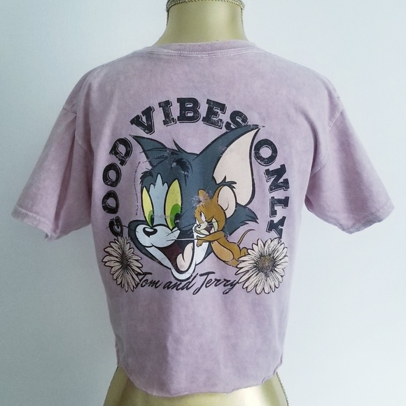 Tom and Jerry Crop Tee Shirt "Good Vibes Only" Graphic Print - Picture 8 of 12